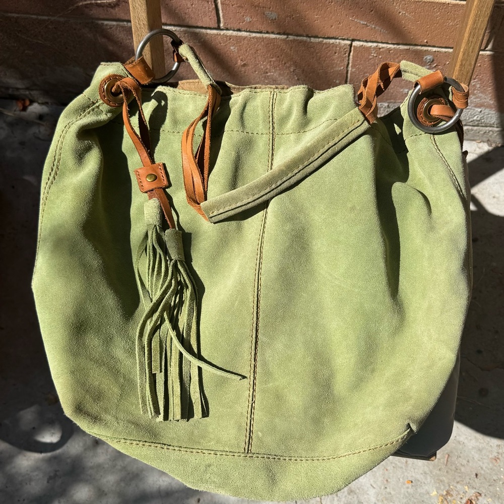 EUC 2000’s Rare Lucky Brand Green Suede Fringe Tassel Suede Hobo Bag